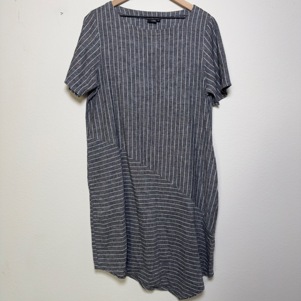 Lisa Bayne Women Linen Cotton Shirt Dress Gray Striped Asymmetrical Pocket Lagen